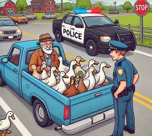 A policeman pulls over an old man driving a pickup truck